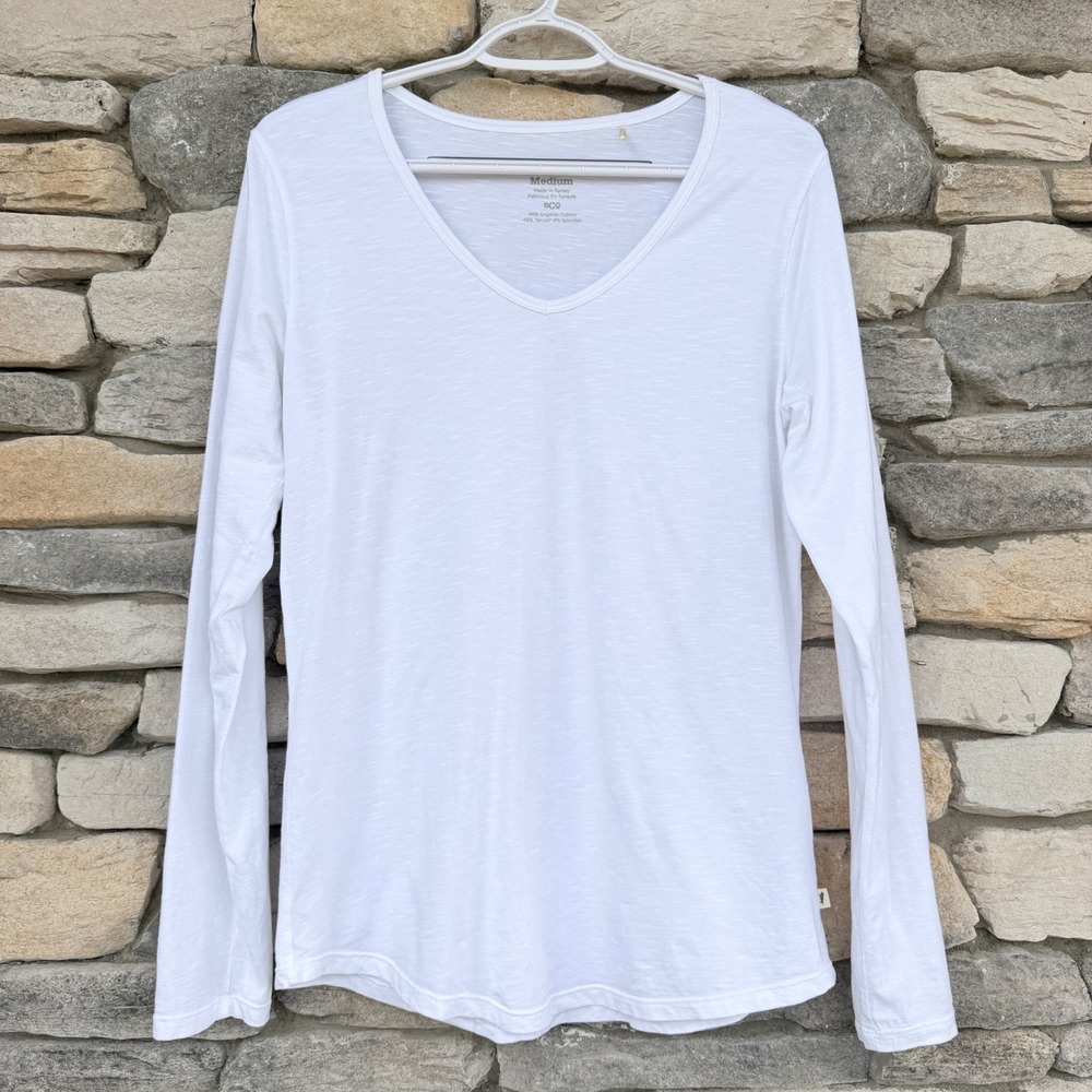 Toad&Co Marley Long Sleeve V-Neck Tee White Medium Casual Minimalist Loungewear